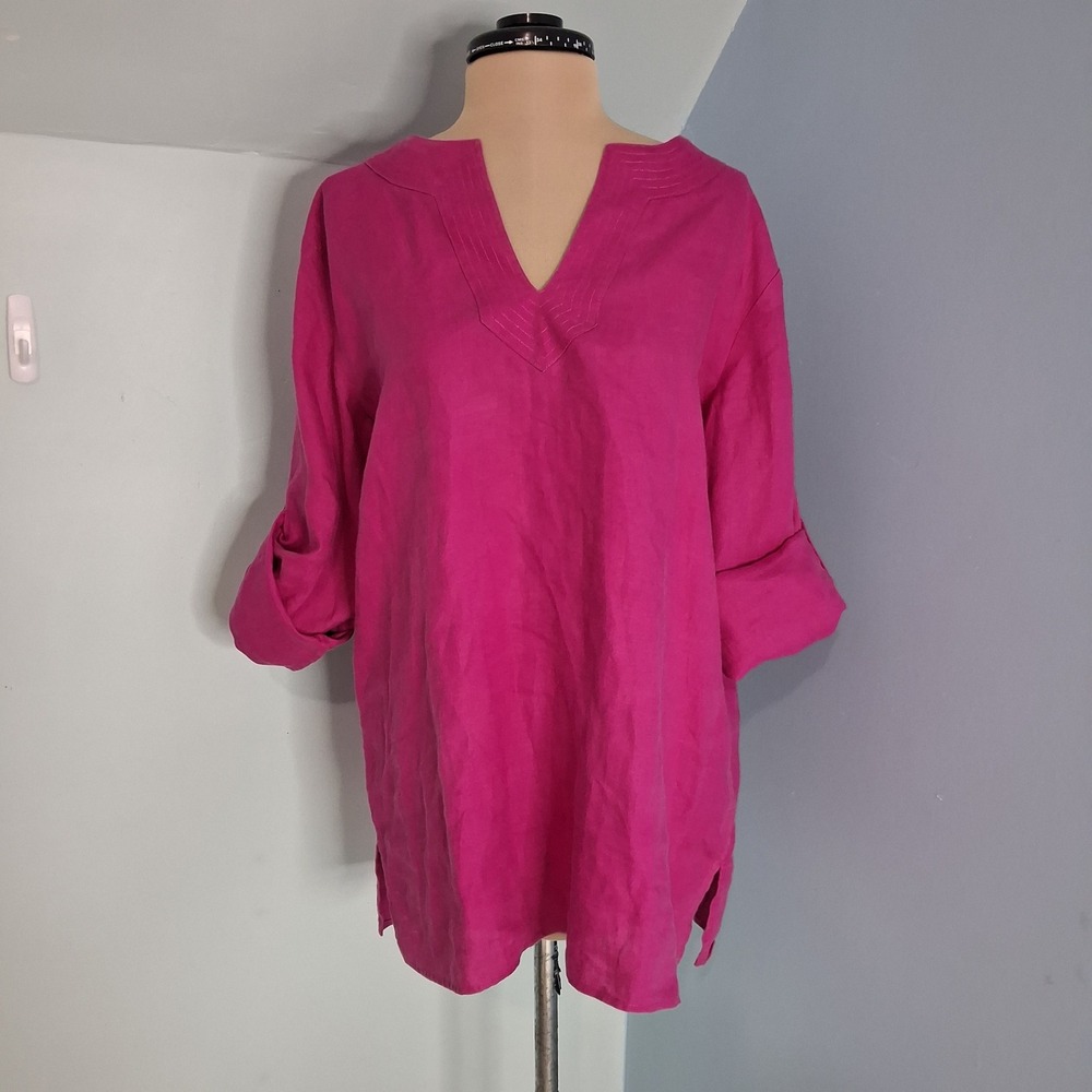 Lauren Ralph Lauren Pink‎ 100% Linen Roll Tab Sleeve V-Neck Tunic Top Large